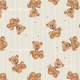 a repeating pattern of brown teddy bears wearing white hats and bow ties against a striped background.