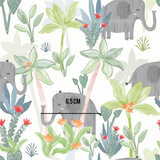 a pattern of elephants and plants on a white background