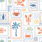 a drawing of a beach scene with a palm tree