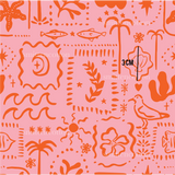 a pink background with orange and white designs