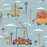 a blue background with orange cars and palm trees
