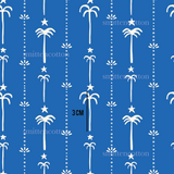 a blue background with white palm trees and stars