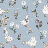 a blue background with white ducks and flowers