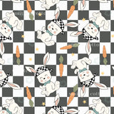 a repeating pattern of cartoon rabbits wearing hats and holding carrots, set against a black and white checkered background.