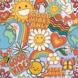 a painting of flowers, hearts, sun, and a rainbow