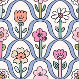 a pink and blue flower pattern on a white background
