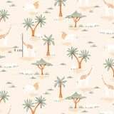 a pattern of giraffes and palm trees on a pink background