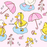 a variety of cartoon-style illustrations, including ducks wearing raincoats and umbrellas, as well as other whimsical elements such as flowers, mushrooms, and ladybugs. The overall scene appears to be a playful and colorful composition.