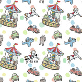 a repeating pattern of various colorful and whimsical illustrations, including a carousel, a horse, a plane, and other playful elements. The image is approximately 4.5 cm in size.