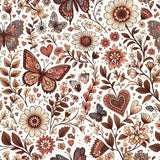 The image is a seamless pattern featuring various floral and butterfly elements in shades of brown, white, and beige. The pattern includes flowers, leaves, and butterflies, creating a visually appealing and intricate design.
