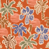 a red background with palm trees and hearts