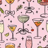 a pink background with glasses of different types of drinks