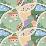 The image is a colorful and whimsical pattern featuring various farm-related elements such as a house, tractor, sheep, and ducks. The pattern includes a variety of shapes and colors, creating a lively and playful atmosphere.