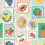 a pattern of fruit on a checkered background