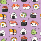 a pattern of sushi on a purple background