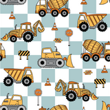a pattern of construction vehicles on a checkered background