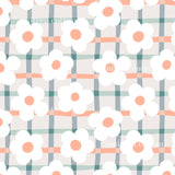 a repeating pattern of white flowers with orange centers, arranged in a grid-like pattern with green and gray stripes.