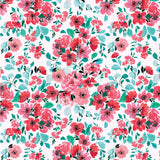 a repeating pattern of red flowers with green leaves against a white background.