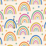a repeating pattern of colorful rainbows and stars on a light background.