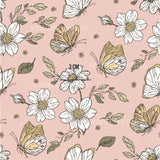a pink background with white flowers and butterflies