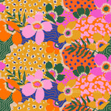 The image is a vibrant and colorful pattern featuring a variety of flowers and leaves in shades of pink, orange, yellow, and green. The pattern is composed of multiple images, creating a visually striking and dynamic design.
