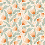 an orange and green floral pattern on a white background