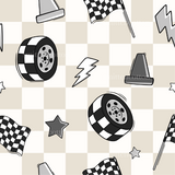 a checkered background with a lot of different things on it