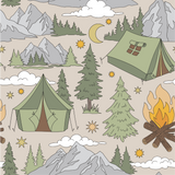 a camping scene with a tent and campfire