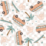 a pattern of a bus and palm trees