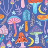 a blue background with colorful mushrooms and stars