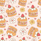 a pink background with lots of different types of food