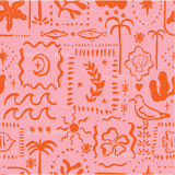 a pink background with orange and white designs