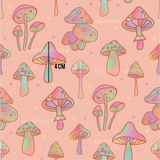 a pink background with a lot of mushrooms on it