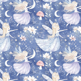 a watercolor painting of a fairy on a blue background