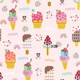 a pink background with ice creams and rainbows
