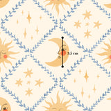 The image is a repeating pattern of sun and moon faces, along with stars and leaves, creating a whimsical and celestial design.