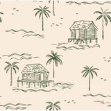 a wallpaper with a hut and palm trees