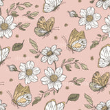 a pink background with white flowers and butterflies