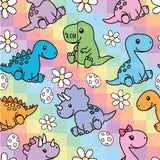 a colorful pattern of dinosaurs and daisies