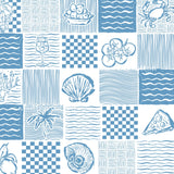 The image is a collage of various blue and white patterns and illustrations, including a bowl of fruit, a wine glass, a crab, a seashell, a slice of pizza, and waves.