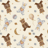 The image is a repeating pattern of cartoon-style teddy bears and rabbits wearing party hats, along with various party-themed objects such as balloons, stars, and cubes.