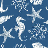 various marine life elements, including a seahorse, starfish, anchor, and coral, all depicted in a white and blue color scheme.