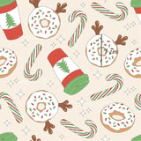 a pattern of donuts, candy canes, and a cup of coffee