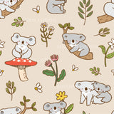 a pattern of koalas and mushrooms on a beige background