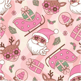 a pink background with a santa clause and presents
