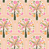 The image is a repeating pattern of tropical elements, including palm trees, flowers, and fruits, arranged in a circular or radial design.