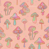 a pattern of colorful mushrooms on a pink background