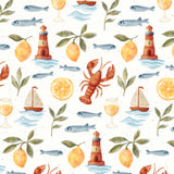 a watercolor painting of lobsters, lemons, and boats