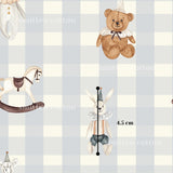 The image is a collage of various toys, including a teddy bear, a rocking horse, a rabbit, and a clown, all set against a blue and white checkered background.