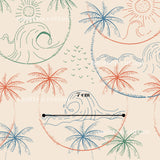 The image is a collage of various tropical elements, including palm trees, waves, and suns, all drawn in a stylized manner.